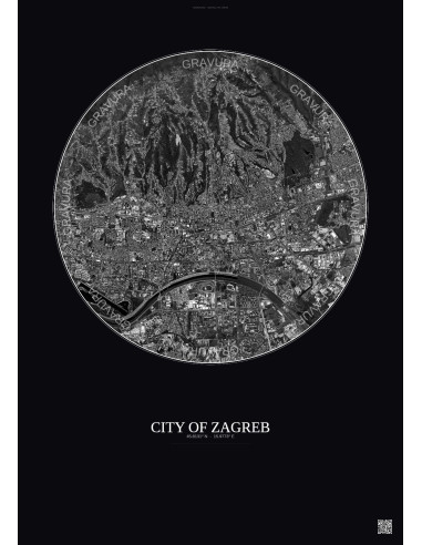 Affiche City Of Zagreb – Poster vue satellite 6km N&B | Gravura – Fond foncé