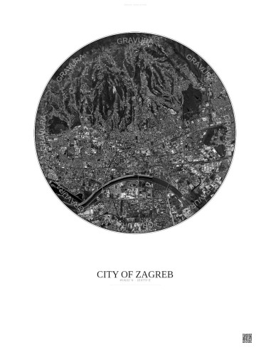 Affiche City Of Zagreb – Poster vue satellite 6km N&B | Gravura – Fond clair