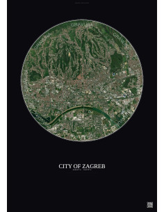 Affiche City Of Zagreb – Poster vue satellite 6km Couleur | Gravura – Fond foncé
