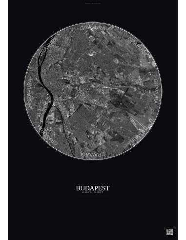 Affiche Budapest – Poster vue satellite 10km N&B | Gravura – Fond foncé
