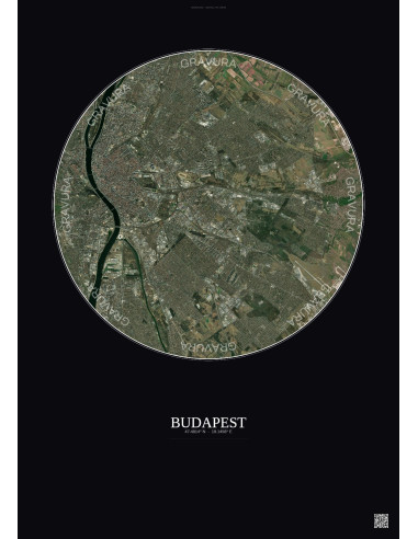 Affiche Budapest – Poster vue satellite 10km Couleur | Gravura – Fond foncé