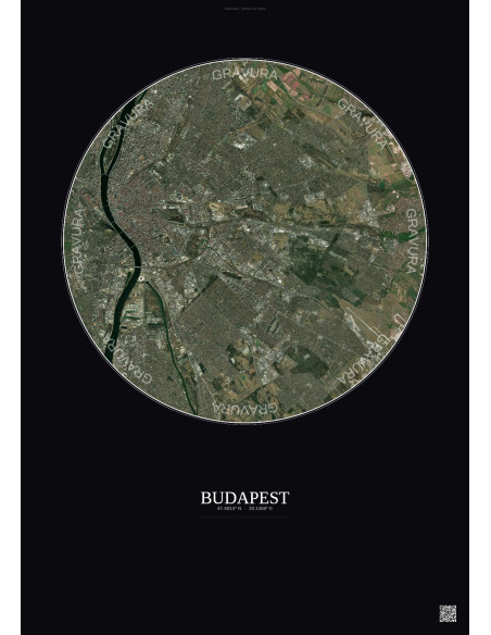 Affiche Budapest – Poster vue satellite 10km Couleur | Gravura – Fond foncé