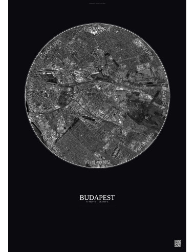 Budapest Satellite View Poster 6km B&W | Gravura – Dark background