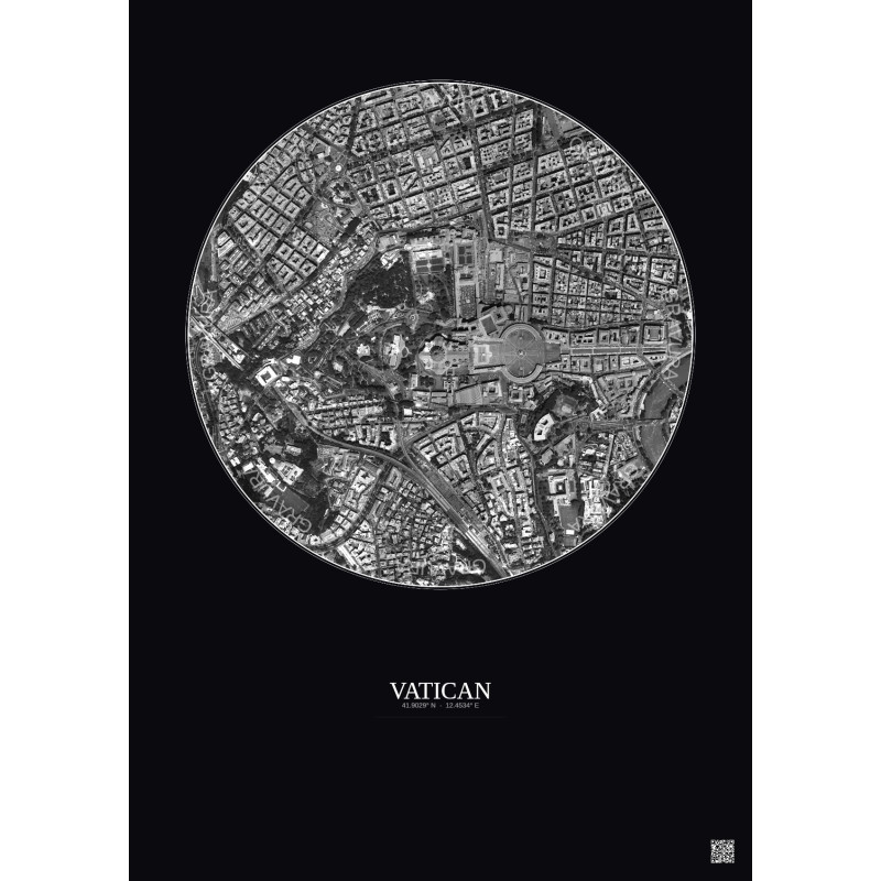 Affiche Vatican – Poster vue satellite 1km N&B | Gravura – Fond foncé