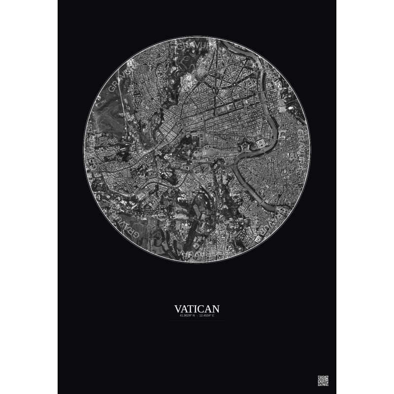 Affiche Vatican – Poster vue satellite 2.5km N&B | Gravura – Fond foncé