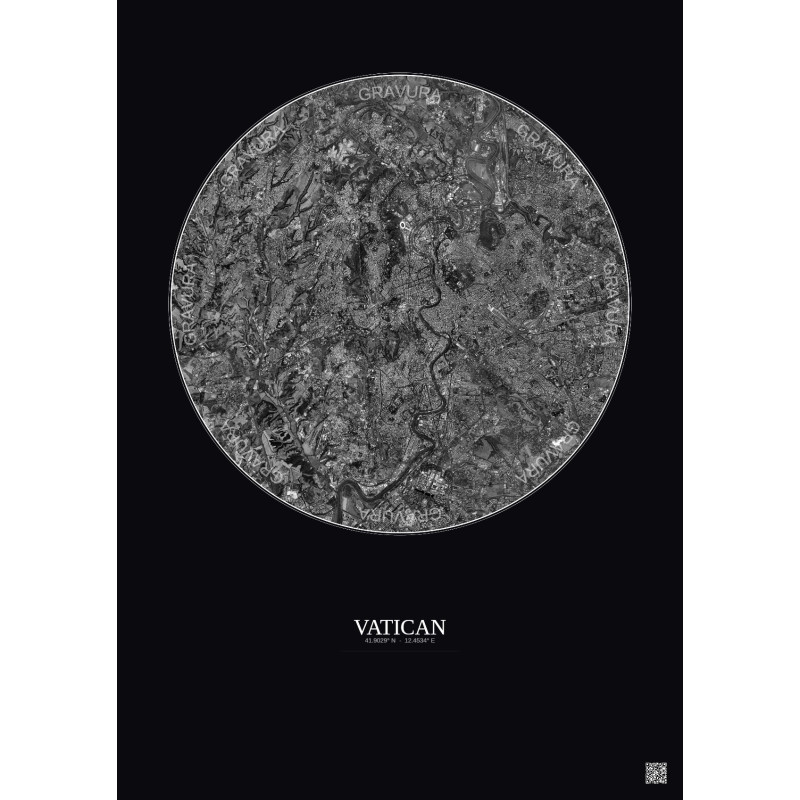 Affiche Vatican – Poster vue satellite 10km N&B | Gravura – Fond foncé