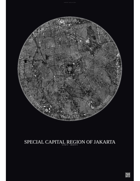 Affiche Special Capital Region Of Jakarta – Poster vue satellite 6km N&B | Gravura – Fond foncé