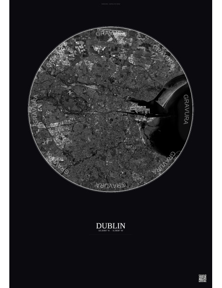 Affiche Dublin – Poster vue satellite 10km N&B | Gravura – Fond foncé