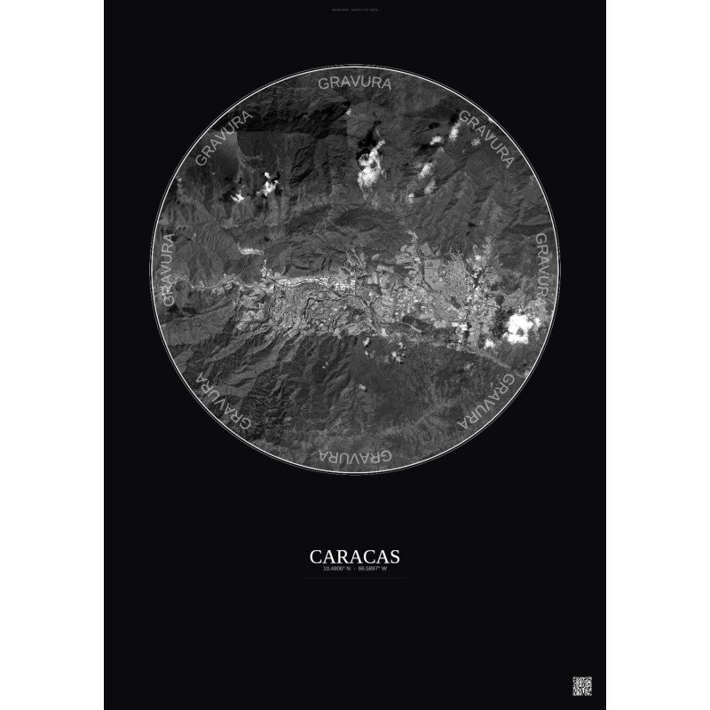 Affiche Caracas – Poster vue satellite 10km N&B | Gravura – Fond foncé