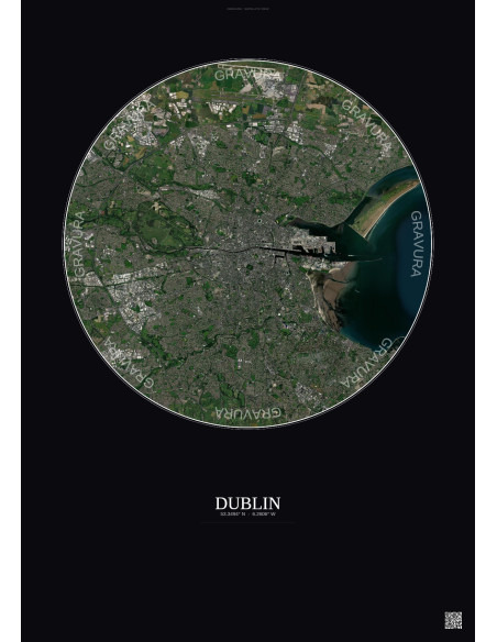 Affiche Dublin – Poster vue satellite 10km Couleur | Gravura – Fond foncé