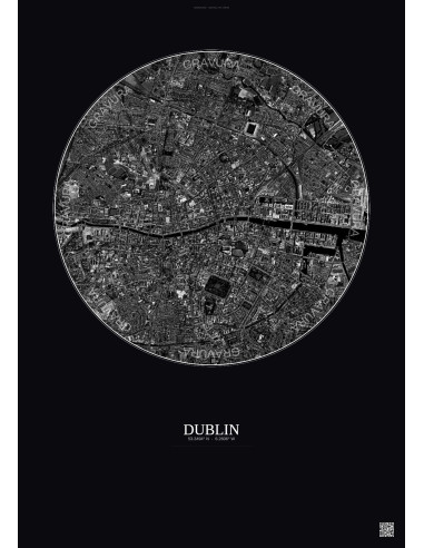 Affiche Dublin – Poster vue satellite 2.5km N&B | Gravura – Fond foncé