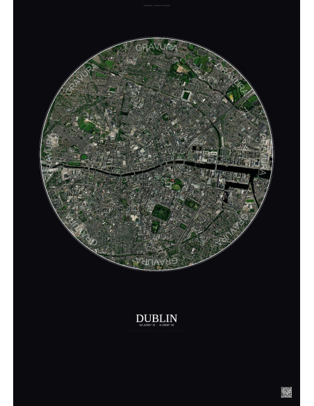 Affiche Dublin – Poster vue satellite 2.5km Couleur | Gravura – Fond foncé
