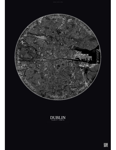 Dublin Satellite View Poster 6km B&W | Gravura – Dark background