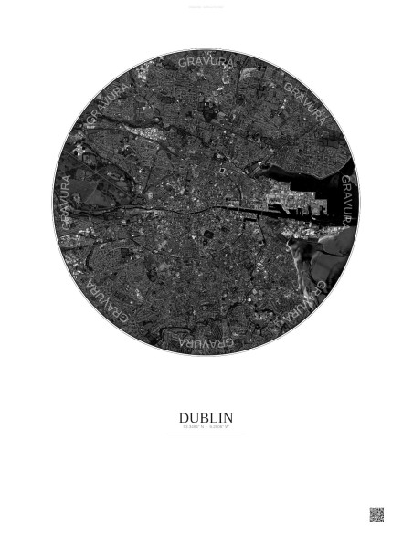 Affiche Dublin – Poster vue satellite 6km N&B | Gravura – Fond clair