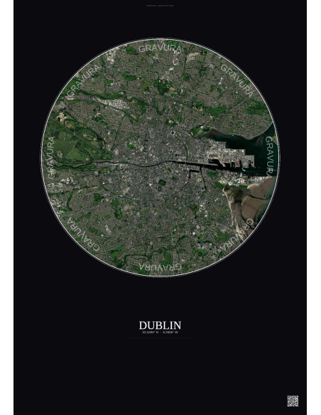 Affiche Dublin – Poster vue satellite 6km Couleur | Gravura – Fond foncé
