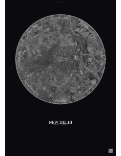 Affiche New Delhi – Poster vue satellite 10km N&B | Gravura – Fond foncé