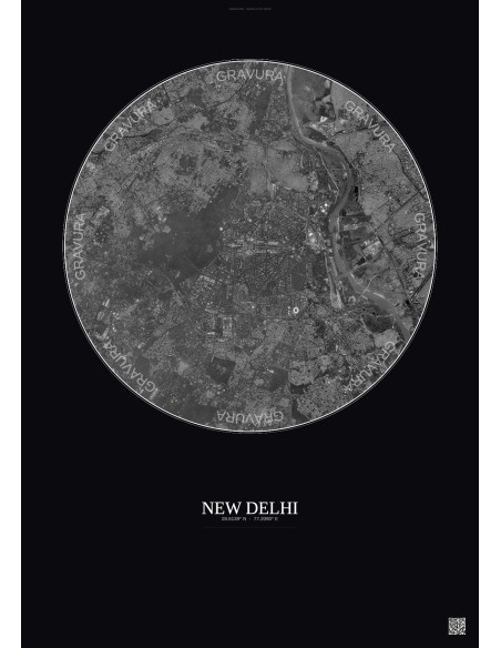 New Delhi Satellite View Poster 10km B&W | Gravura – Dark background
