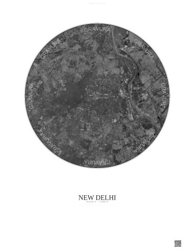 Affiche New Delhi – Poster vue satellite 10km N&B | Gravura – Fond clair