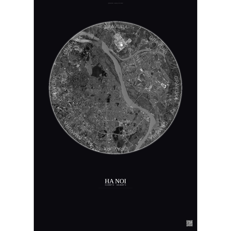 Affiche Ha Noi – Poster vue satellite 10km N&B | Gravura – Fond foncé
