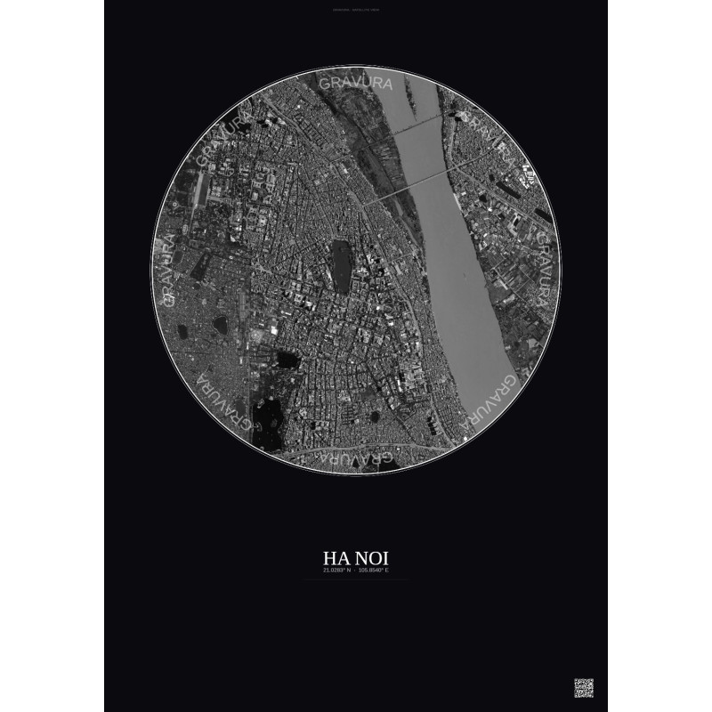 Affiche Ha Noi – Poster vue satellite 2.5km N&B | Gravura – Fond foncé