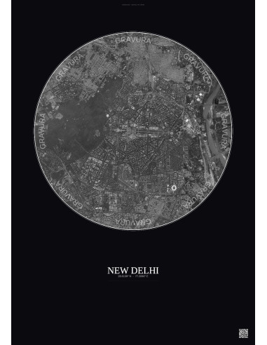 New Delhi Satellite View Poster 6km B&W | Gravura – Dark background