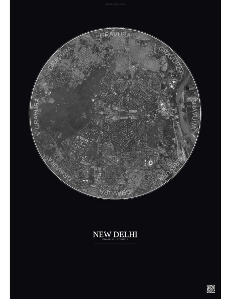 New Delhi Satellite View Poster 6km B&W | Gravura – Dark background