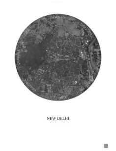 Affiche New Delhi – Poster vue satellite 6km N&B | Gravura – Fond clair