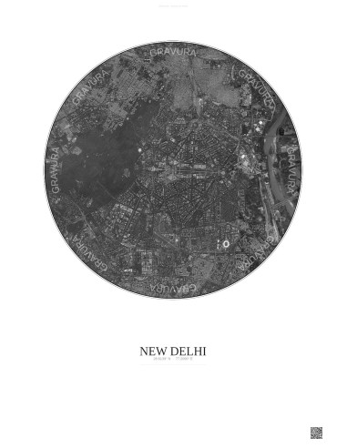 Affiche New Delhi – Poster vue satellite 6km N&B | Gravura – Fond clair