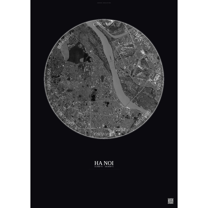Affiche Ha Noi – Poster vue satellite 6km N&B | Gravura – Fond foncé