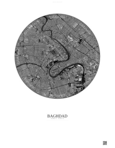 Affiche Baghdad – Poster vue satellite 10km N&B | Gravura – Fond clair