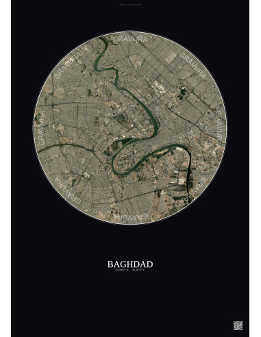 Affiche Baghdad – Poster vue satellite 10km Couleur | Gravura – Fond foncé