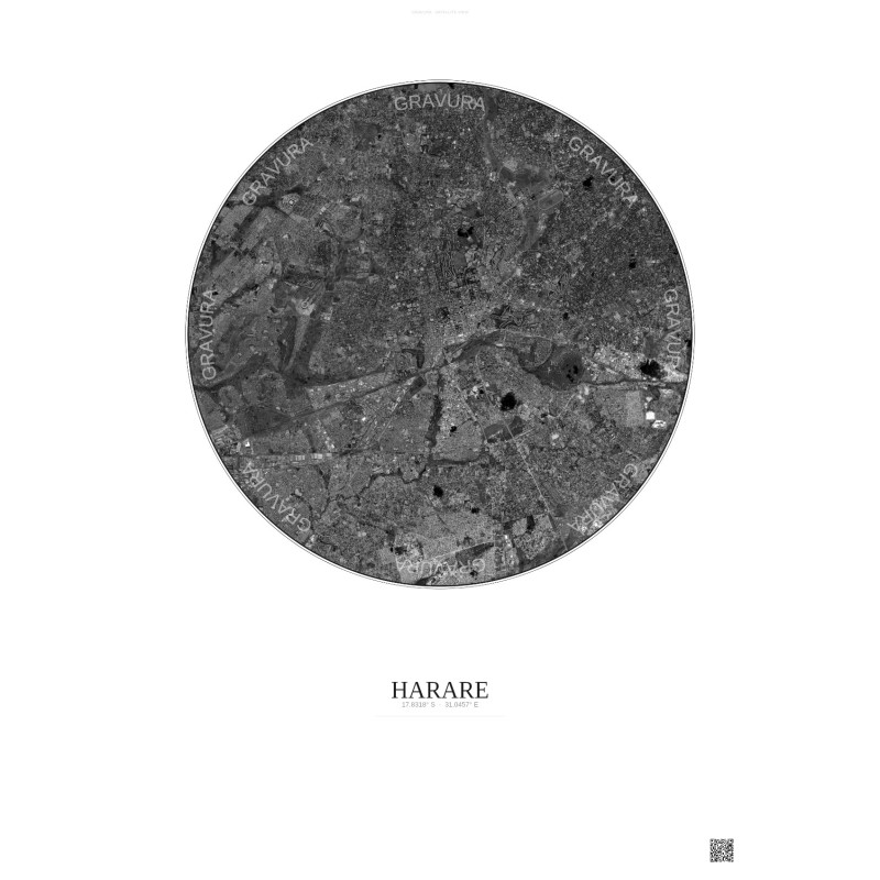 Harare Satellite View Poster 10km B&W | Gravura – Light background