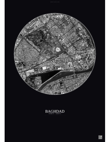 Affiche Baghdad – Poster vue satellite 2.5km N&B | Gravura – Fond foncé