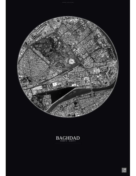 Affiche Baghdad – Poster vue satellite 2.5km N&B | Gravura – Fond foncé