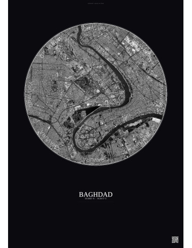 Affiche Baghdad – Poster vue satellite 6km N&B | Gravura – Fond foncé