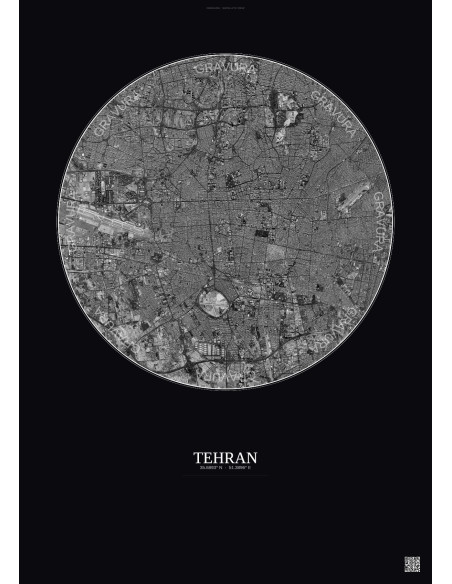 Tehran Satellite View Poster 10km B&W | Gravura – Dark background