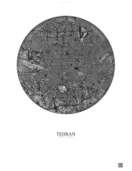 Affiche Tehran – Poster vue satellite 10km N&B | Gravura – Fond clair