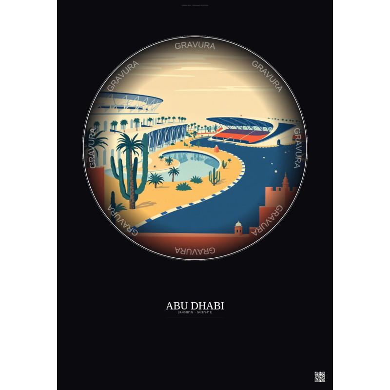 Affiche Abu Dhabi – Poster illustration vintage – Yas Marina Circuit | Gravura – Fond foncé