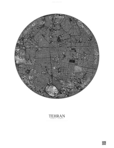 Affiche Tehran – Poster vue satellite 6km N&B | Gravura – Fond clair