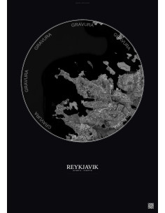 Affiche Reykjavik – Poster vue satellite 10km N&B | Gravura – Fond foncé