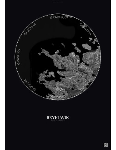Affiche Reykjavik – Poster vue satellite 10km N&B | Gravura – Fond foncé