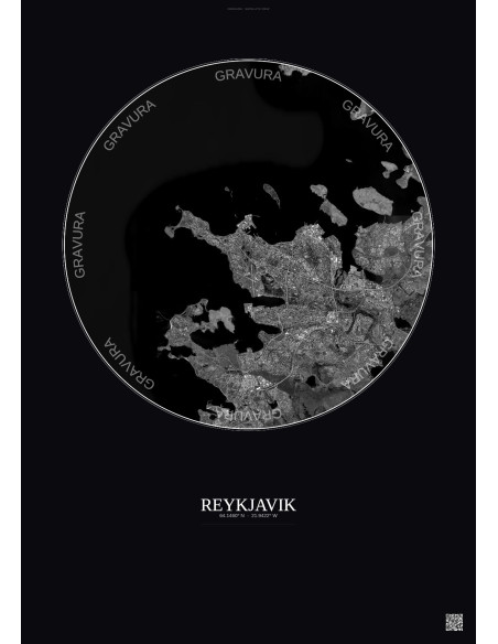 Affiche Reykjavik – Poster vue satellite 10km N&B | Gravura – Fond foncé