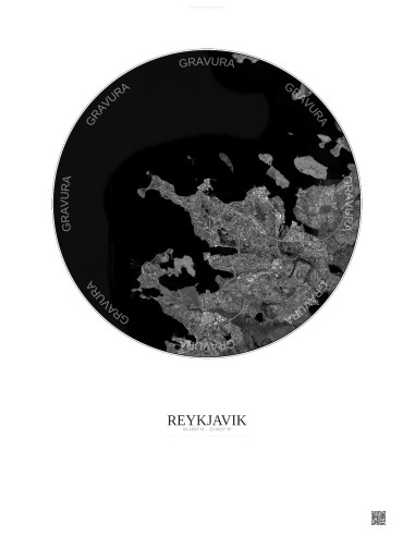 Affiche Reykjavik – Poster vue satellite 10km N&B | Gravura – Fond clair