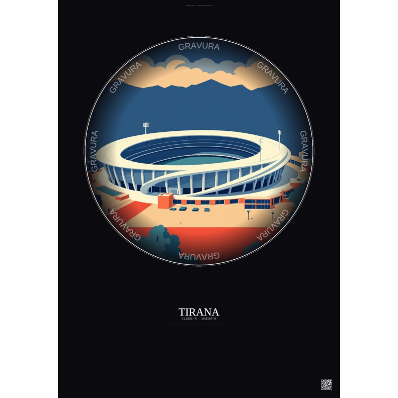 Affiche Tirana – Poster illustration vintage – Air Albania Stadium | Gravura – Fond foncé