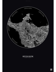 Affiche Reykjavik – Poster vue satellite 2.5km N&B | Gravura – Fond foncé