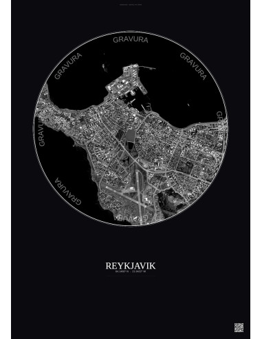 Affiche Reykjavik – Poster vue satellite 2.5km N&B | Gravura – Fond foncé