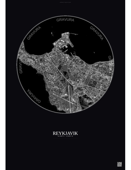 Affiche Reykjavik – Poster vue satellite 2.5km N&B | Gravura – Fond foncé
