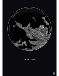 Affiche Reykjavik – Poster vue satellite 6km N&B | Gravura – Fond foncé