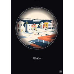 Affiche Tirana – Poster illustration vintage – Skanderbeg Square | Gravura – Fond foncé
