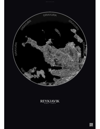 Affiche Reykjavik – Poster vue satellite 6km N&B | Gravura – Fond foncé
